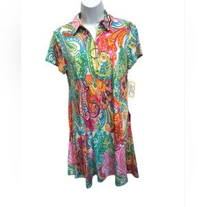 Ivy Road Aqua Pink Multicolored Resort Dress with Collar & Zipper Size Small NWT